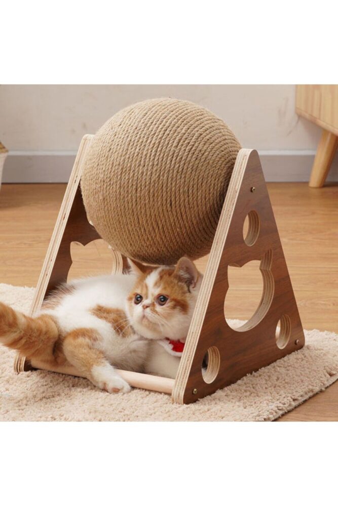 TİNEKE PETSHOP Ahşap Ipli Kedi Oyuncagi Topu Kedi Tırmalaması - Görsel 2