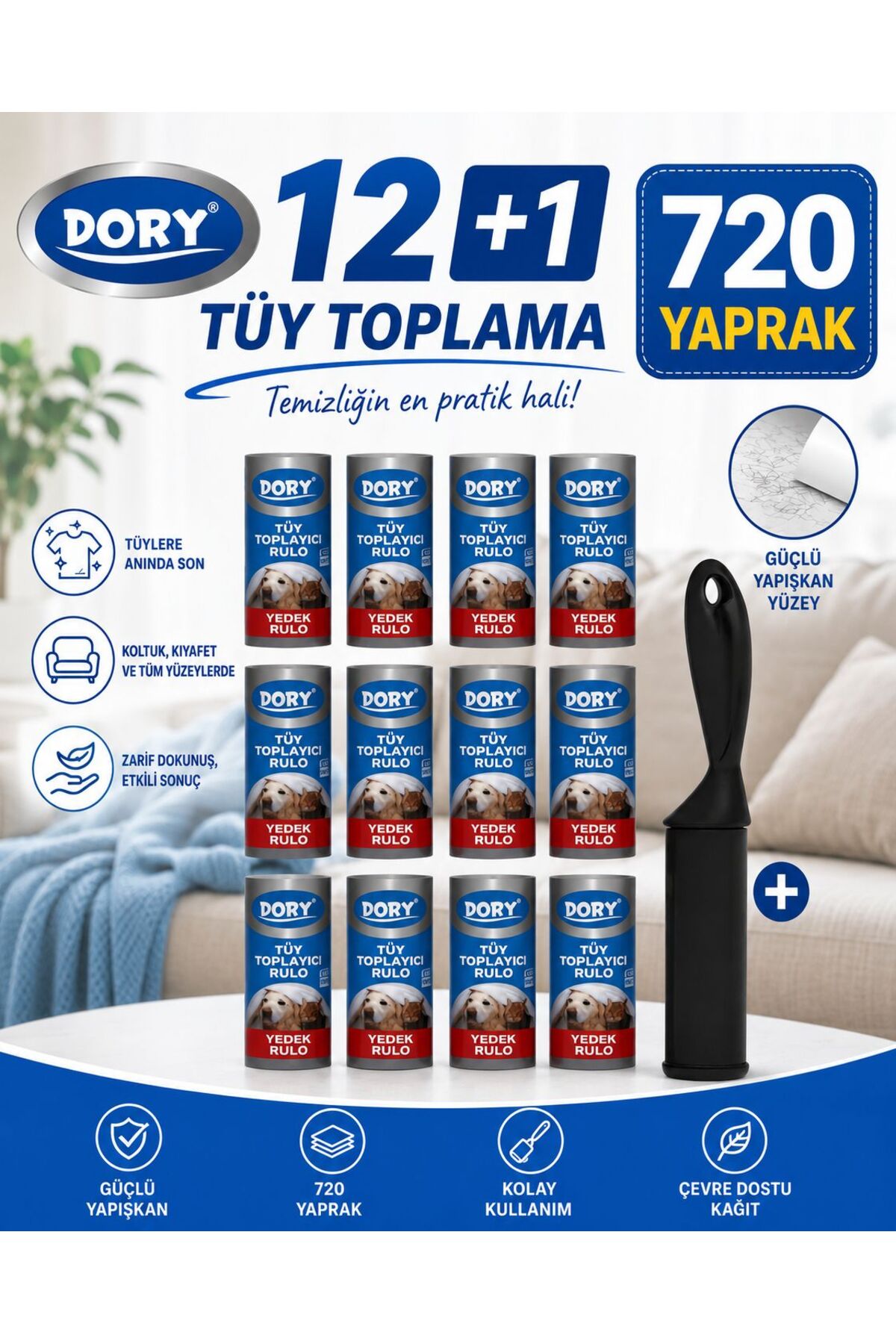 Dory Tüy Toplayıcı Aparat + 12 Adet Yedek Rulo (60 YAPRAK)