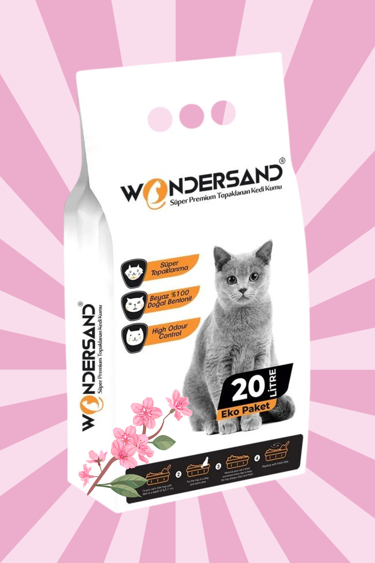 wondersand 20 Litre 0 Beyaz Bentonit Ince Tane Japon Kirazı Kokulu Topaklanan Premium Kedi Kumu