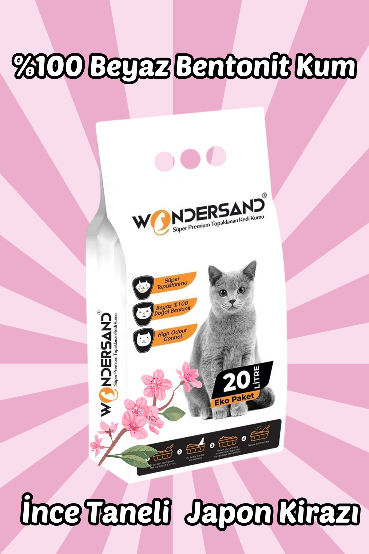 wondersand 20 Litre 0 Beyaz Bentonit Ince Tane Japon Kirazı Kokulu Topaklanan Premium Kedi Kumu - Görsel 3