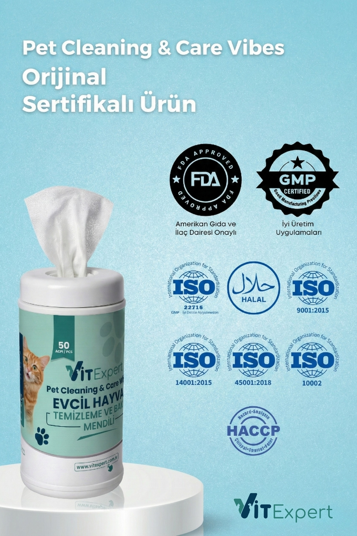 Vitexpert Evcil Hayvan Pati Tüy Kulak Göz Temizleme ve Bakım Kedi Köpek Mendili Hijyenik Islak Mendil 50 Adet - Görsel 3