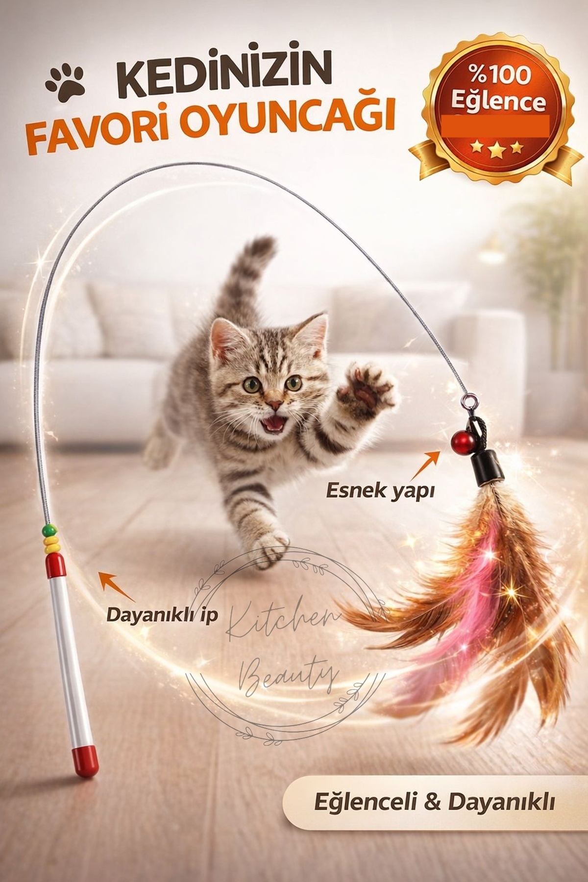 Kitchen Beauty Kedi Oyun Oltası 90 Cm Renkli Tüylü Kedi Oyuncağı