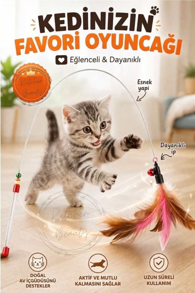 Kitchen Beauty Kedi Oyun Oltası 90 Cm Renkli Tüylü Kedi Oyuncağı - Görsel 2
