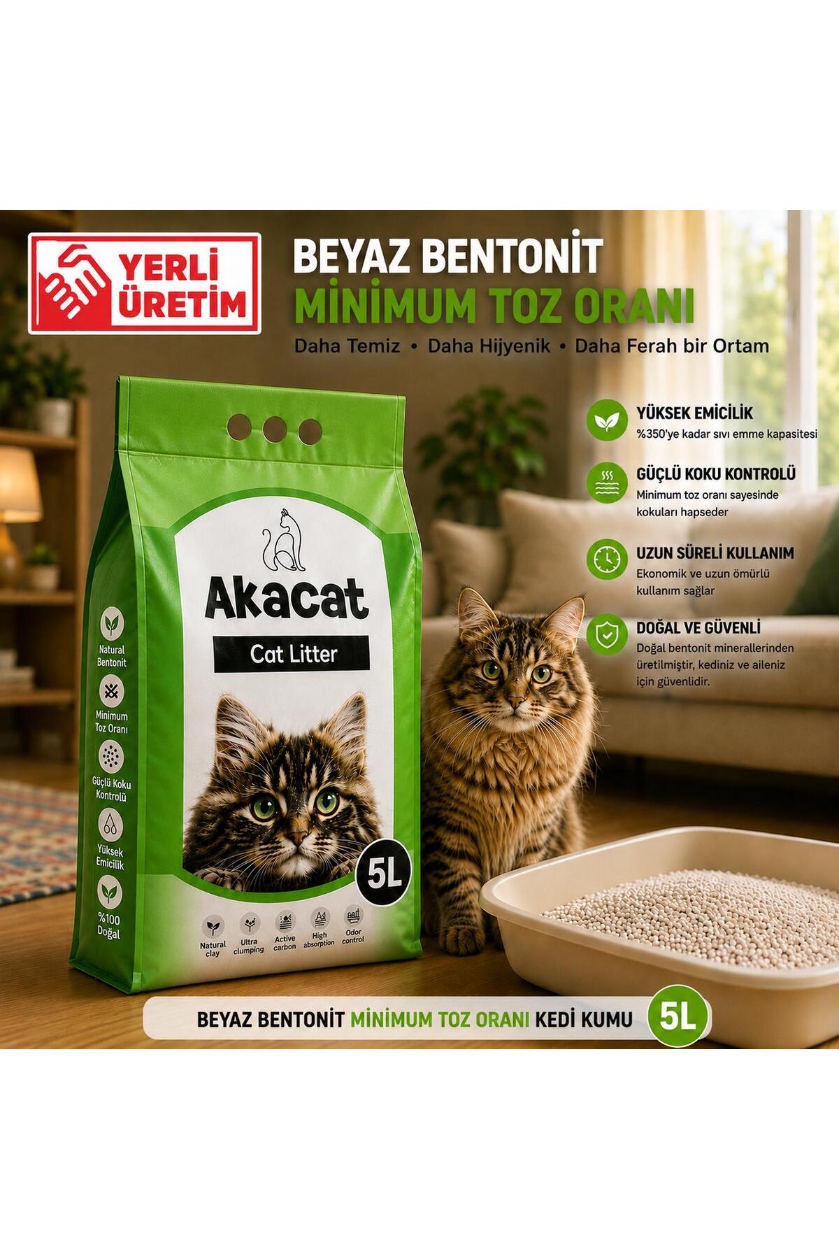 AKACAT Beyaz Bentonit Doğal 0 Topaklaşan 5 Lt Kedi Kumu