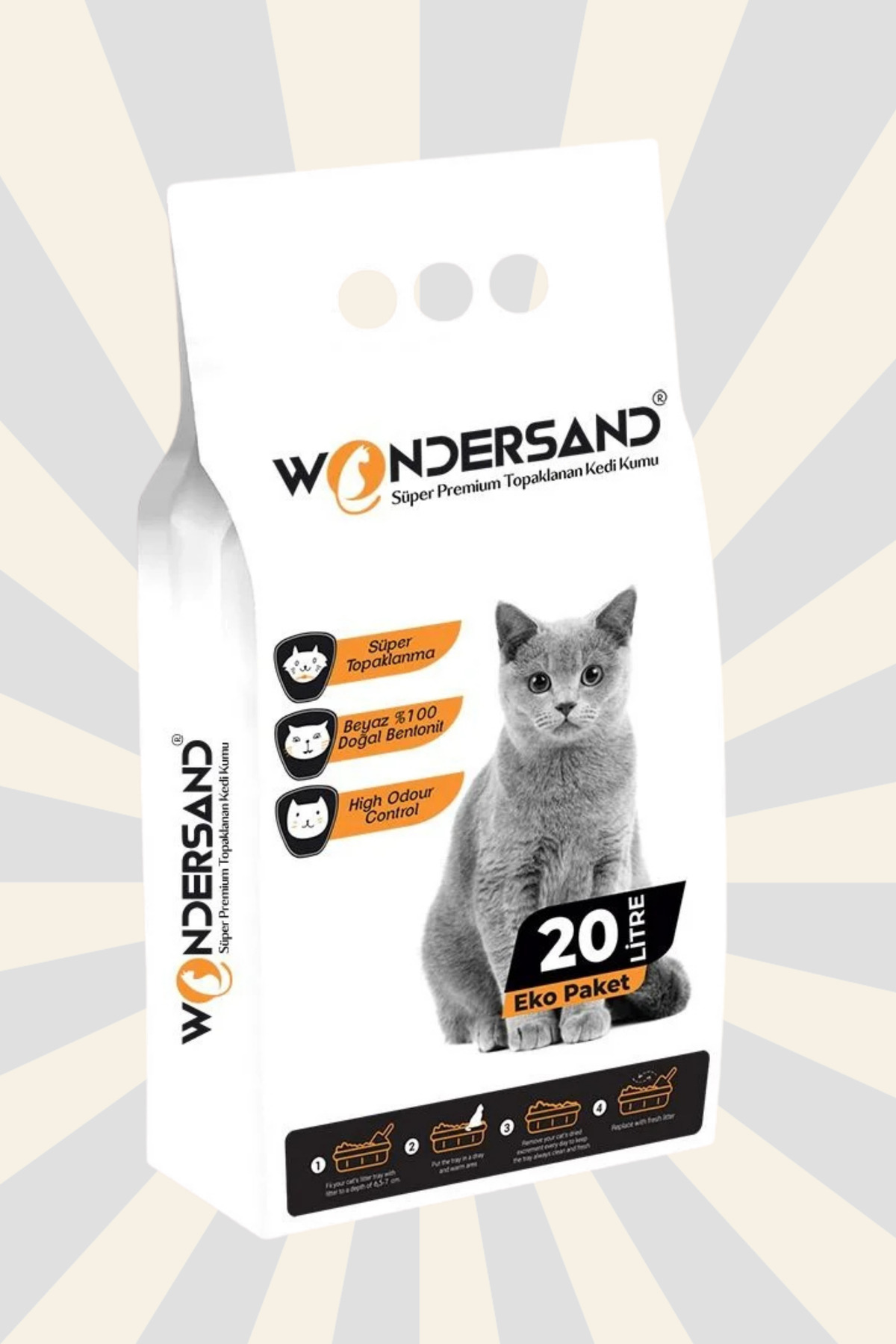 wondersand 20 Litre 0 Beyaz Bentonit Kokusuz Kalın Tane Kokusuz Topaklanan Premium Kedi Kumu
