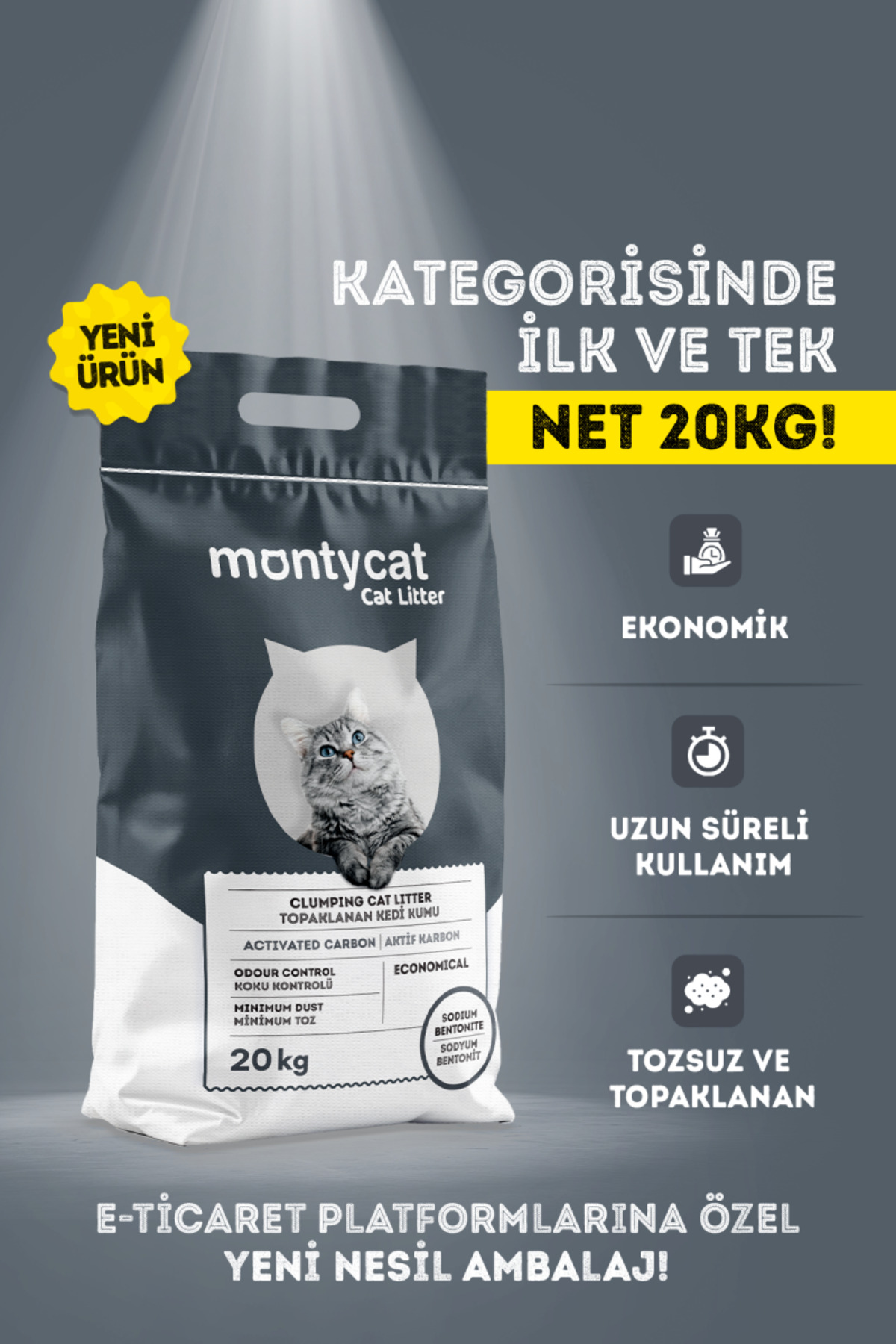 Montycat Net 20KG Kahverengi Bentonit, Ekonomik,Aktif Karbonlu, Topaklanan, Tozsuz, Koku Hapseden Kedi Kumu
