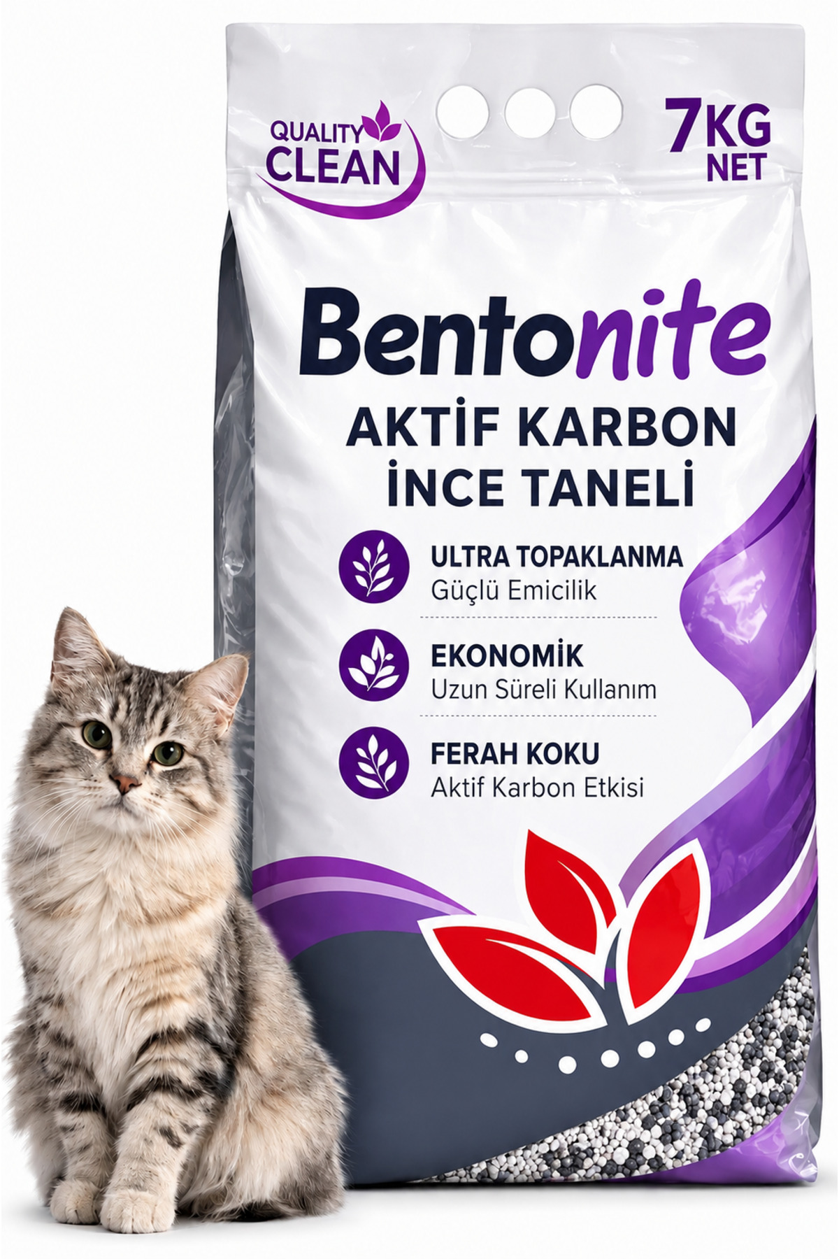 Quality CLEAN Aktif Karbon İnce Taneli Bentonit Ultra Topaklaşan Kedi Kumu 7 KG
