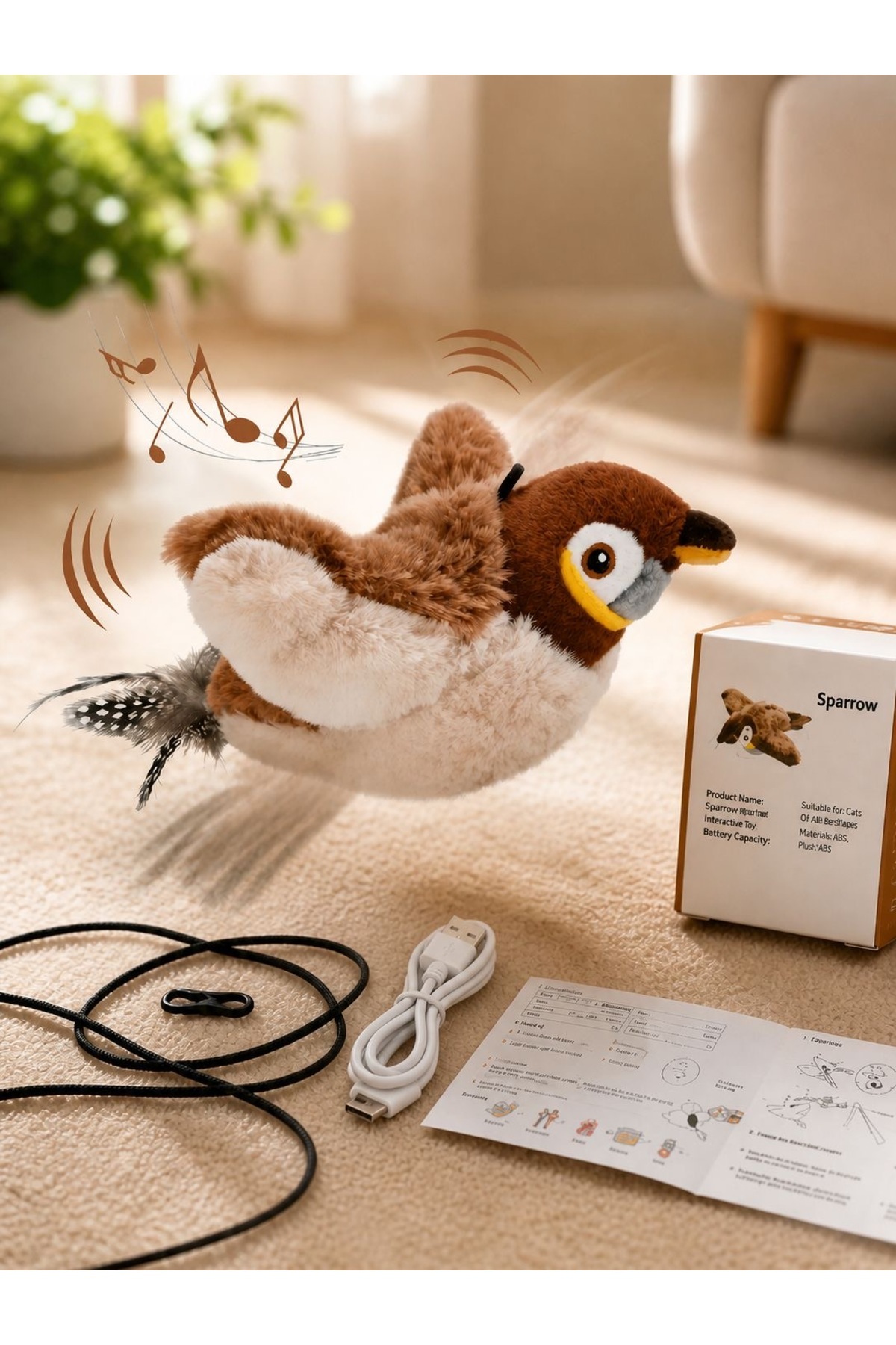 HAYHAYPETSHOP USB Şarjlı Uçan Kuş Kedi Oyuncağı Sesli & Hareketli Peluş Kedi Oyuncağı Kutulu