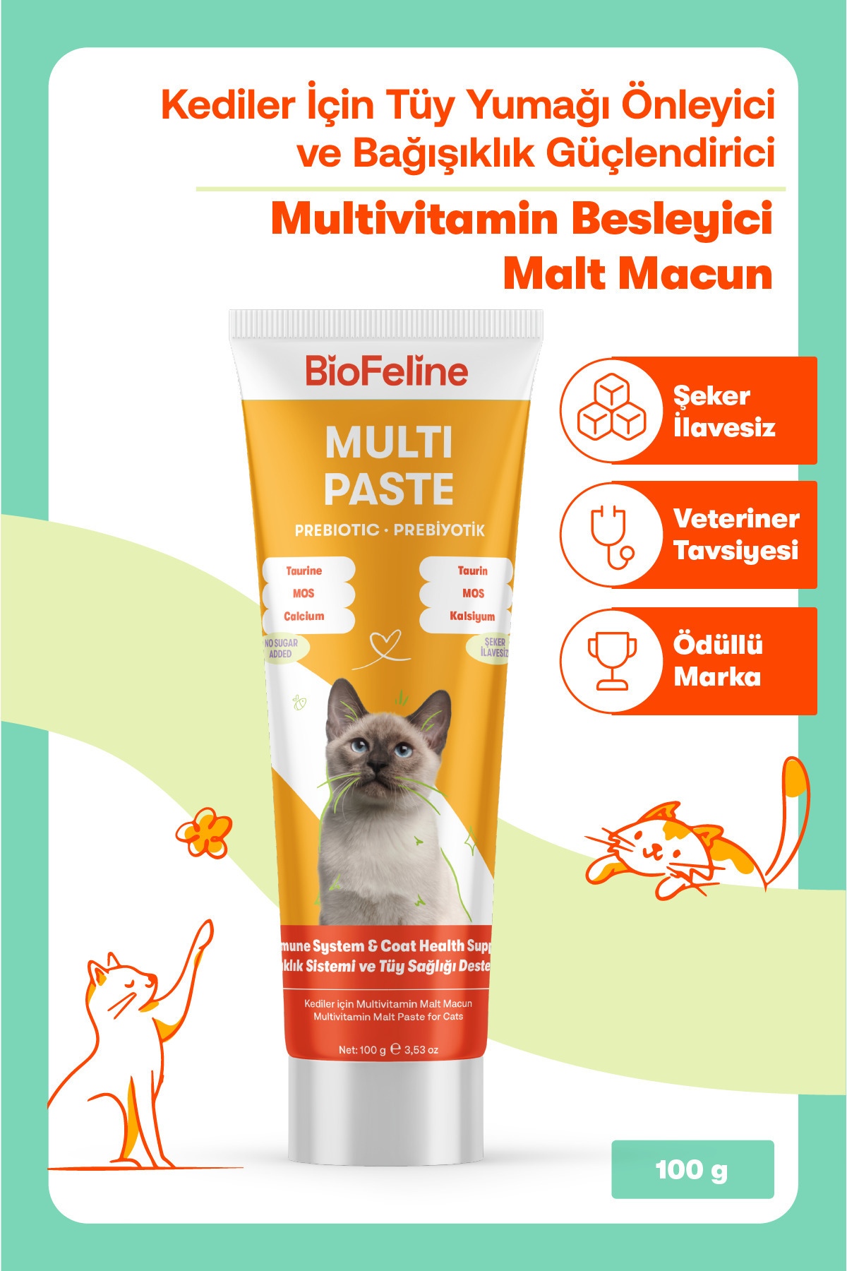 BioFeline Tüy Yumağı ve Bağışıklık Zayıflığı Azaltıcı Kediler İçin Multivitamin Macunu 100 g - Görsel 3