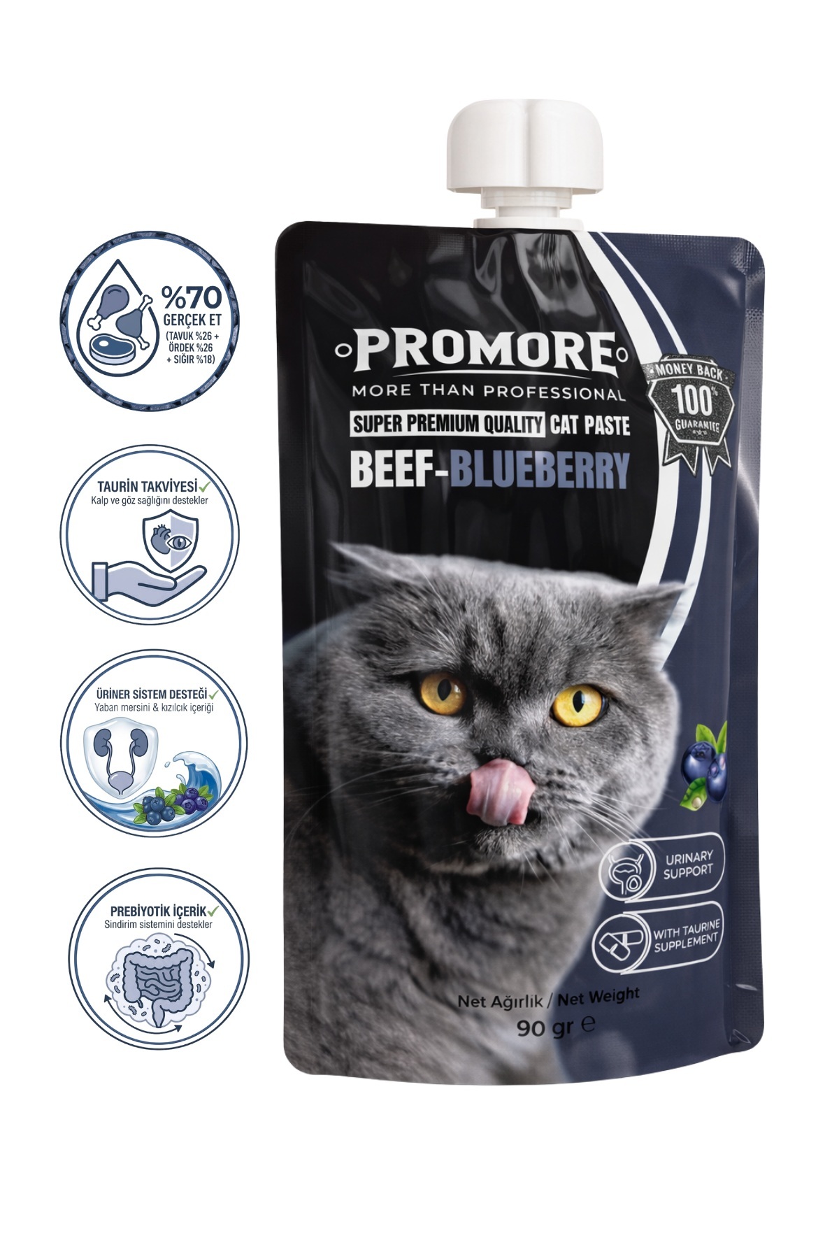 Promore Beef & Blueberry Kedi Paste 90 gr – Gerçek Et İçeriği, Taurin & Prebiyotik Destek