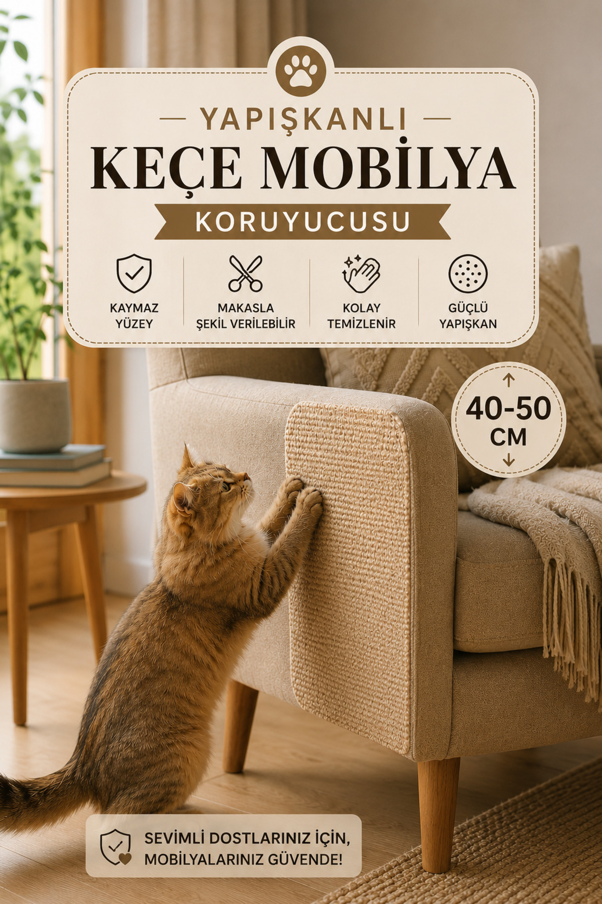 Keçe Kedi Koltuk Tırmalama Koruyucu 40x50CM Bej Yapışkanlı Mobilya Tırmalama Önleyici Koruma Halısı