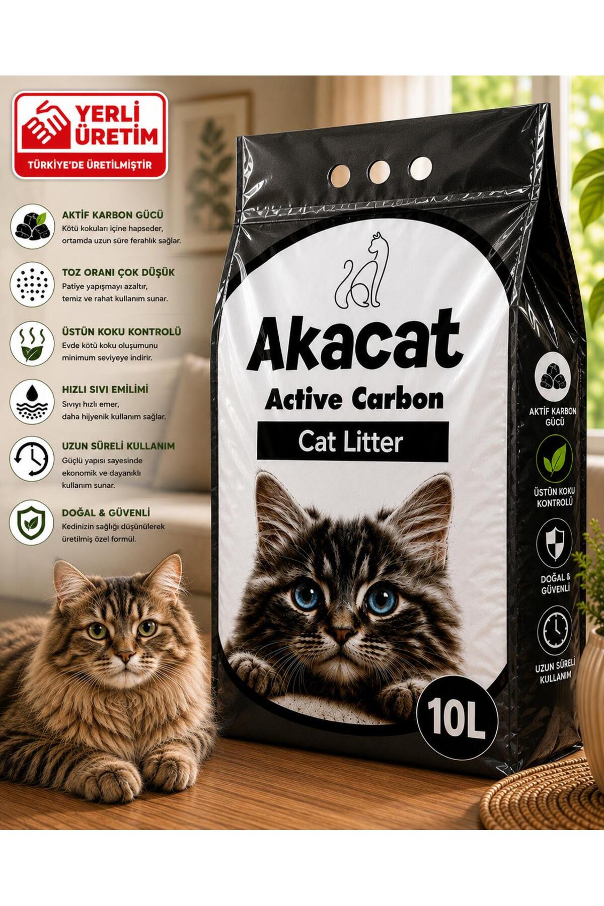 AKACAT Minimum Seviye Toz Aktif Karbonlu Topaklanan Kedi Kumu 10 Lt
