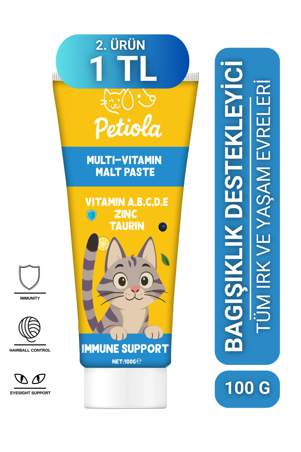 Petiola Bagışıklık Destekleyici, Tüy Yumağı Ve Kusma Önleyici Multivitamin Kedi Malt Macun 100 gr