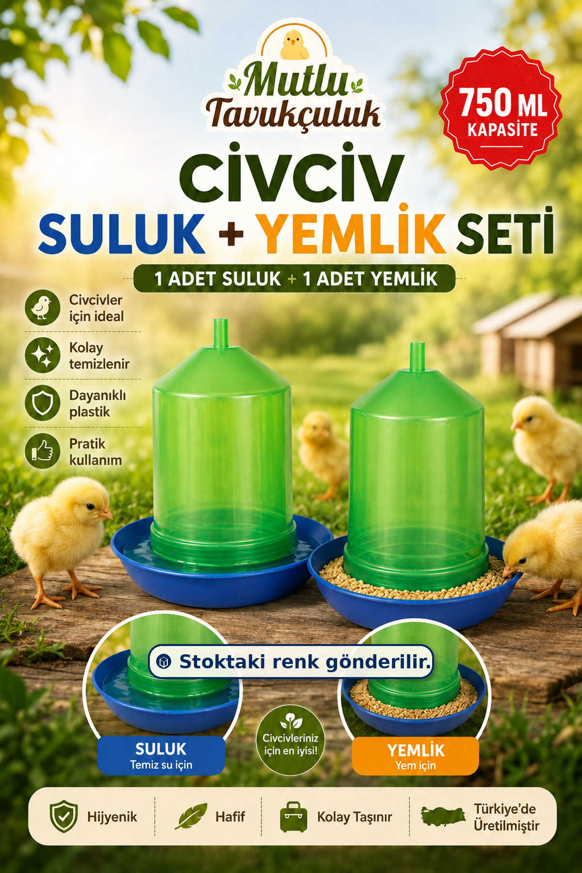 mutlu tavukçuluk Civciv Başlangıç Suluk Ve Yemlik Takım 750 ml Keklik Güvercin Suluğu Bıldırcın Yemliği