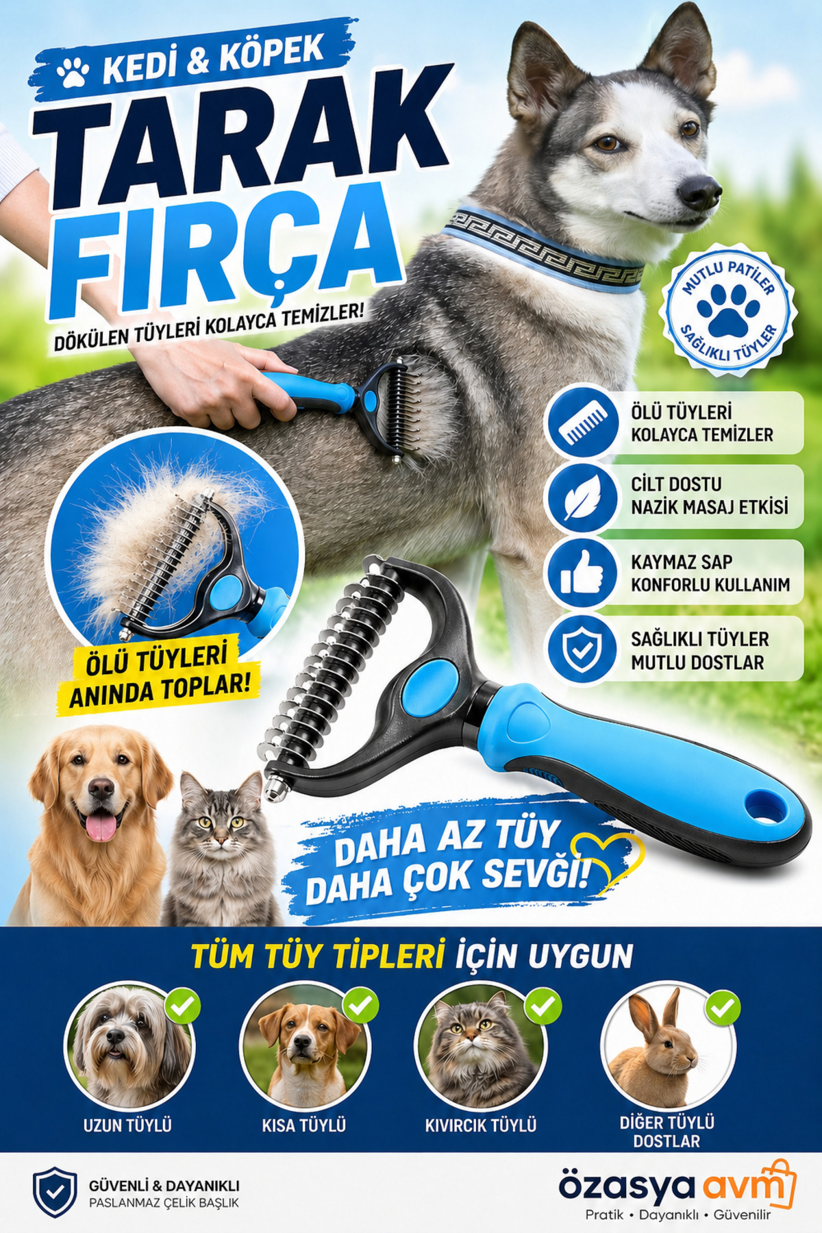 Özasya AVM Plastik Saplı Metal Kedi Köpek Bakım Kıtık Tüy Topak Açıcı Tarak { 1 Adet }