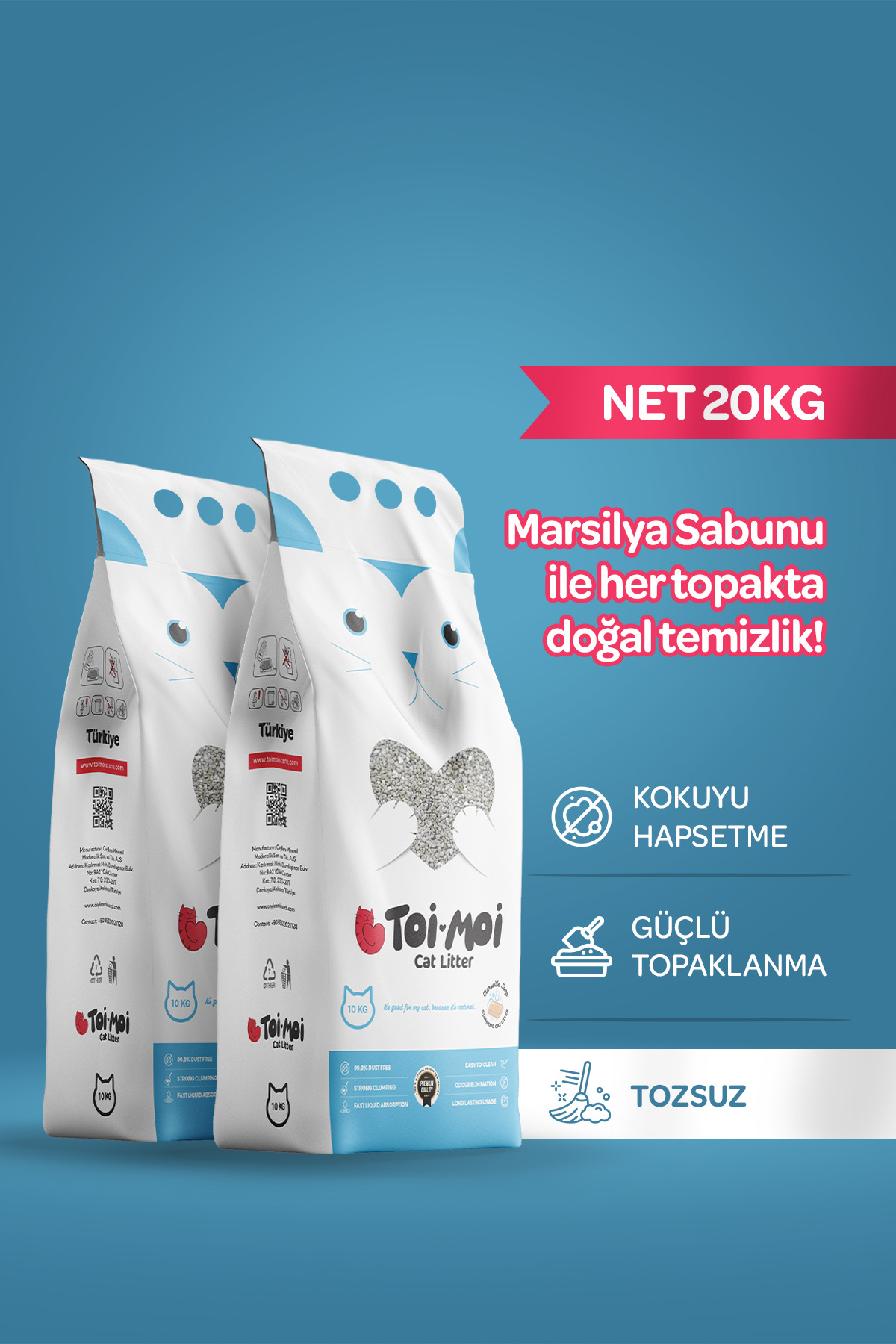 Toi Moi 2'li Avantaj Paketi Topaklanan,tozsuz,hijyenik Marsilya Sabunlu Bentonit Kedi Kumu 2x10Kg