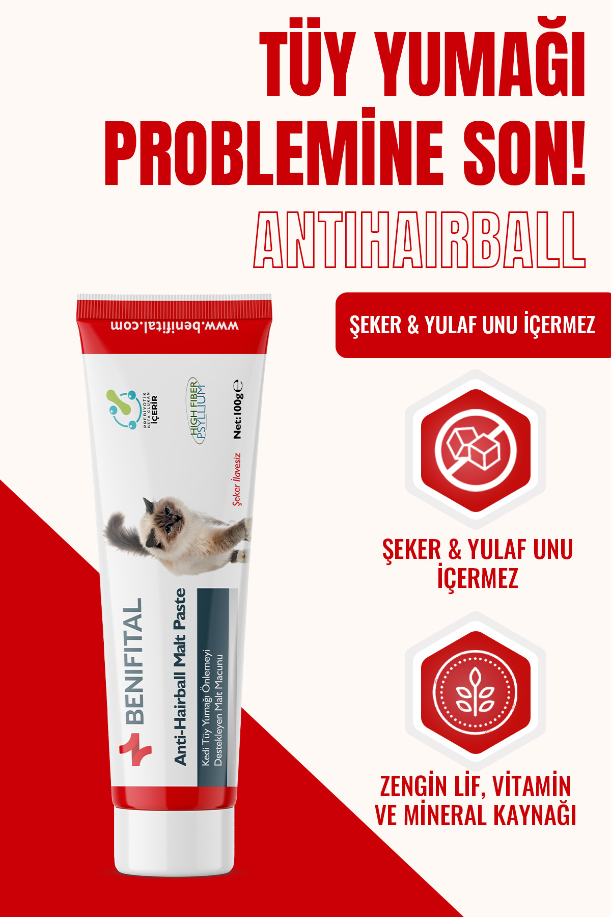 Benifital Malt Paste 100 Gr Kedi Tüy Yumağı Önlemeyi Destekleyen Prebiyotik Malt Macun Şeker İlavesiz