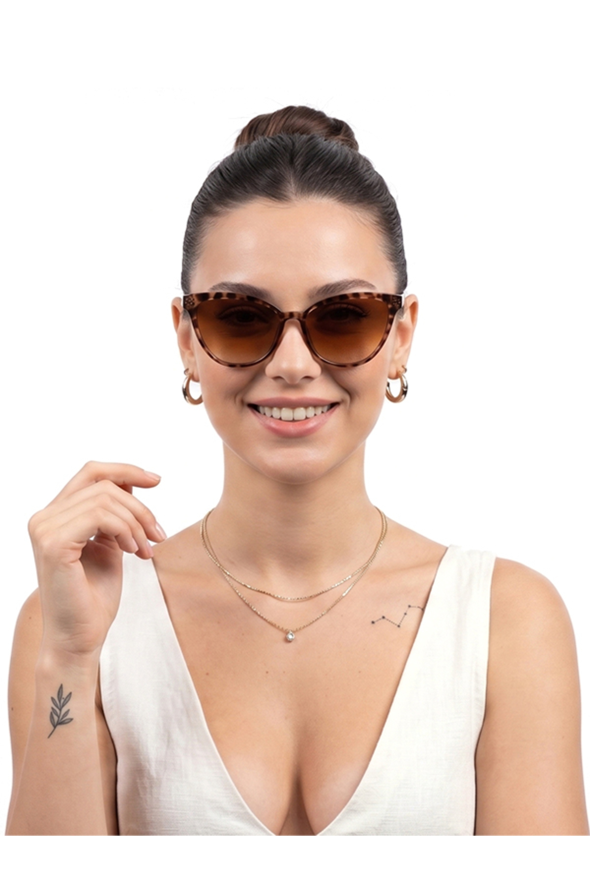 QnQ Cat Eye Leopar Degrade Kahverengi Cam Güneş Gözlüğü Kadın Trend Model Güncel