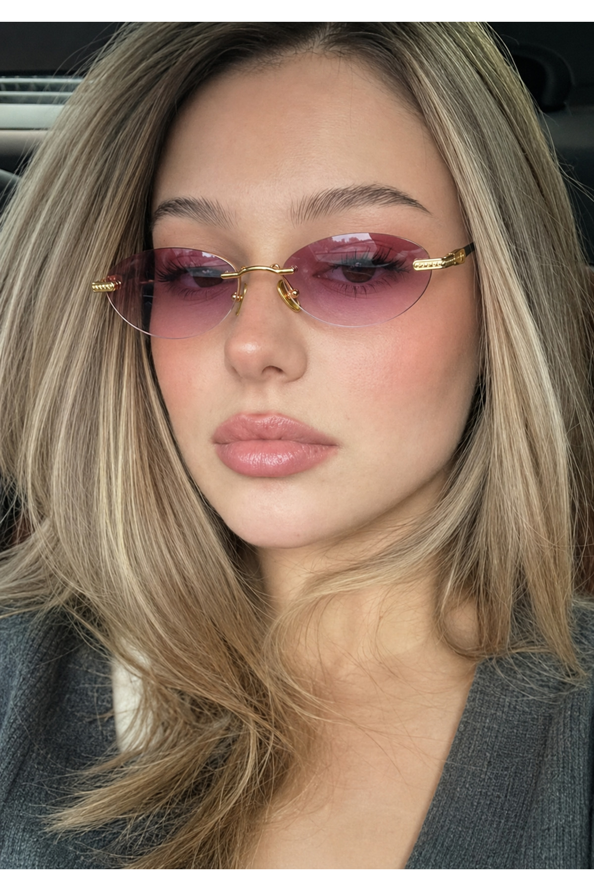 Sun Pearl LUCCA Kadın Güneş Gözlüğü Oval Çerçevesiz Pembe Degrade Cam Gold Metal Detaylı UV400