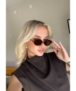 TomyHelf Leopar Desenli Kahve Renk Cam Gold Detaylı Oval Güneş Gözlüğü