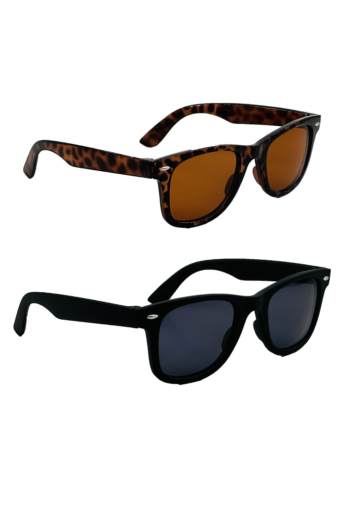 PROTCO Kadın Erkek Unisex Güneş Gözlüğü Uv 400 Leopar Desenli & Siyah Wayfarer 2'li Avantajlı Set