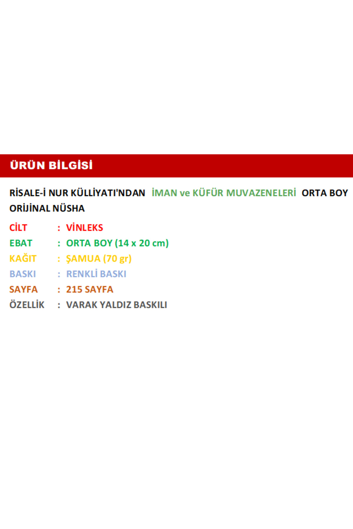 Sözler Neşriyat Risale-i Nur Külliyatından Iman Ve Küfür Muvazeneleri (orta Boy 20 Cm) - Görsel 3