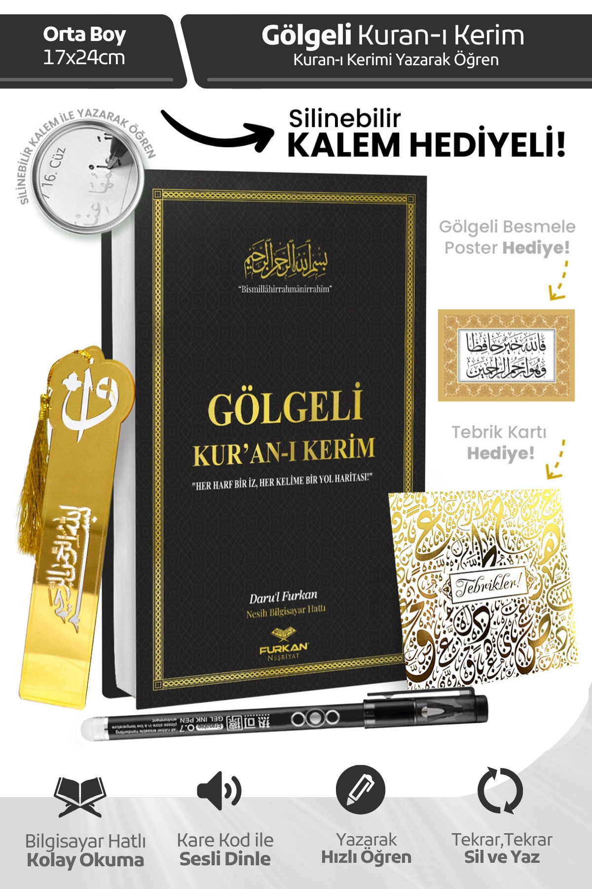 Furkan Neşriyat Orta Boy Arapça Sıvama Kapak Gölgeli Kuranı Kerim Siyah Ve Silinebilir Tükenmez Kalem