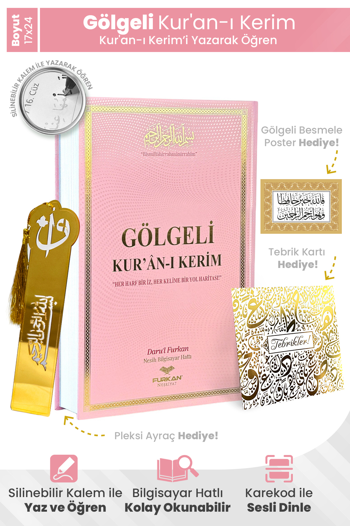 Furkan Neşriyat Kalem İle Yazılabilen Gölgeli Kuranı Kerim Orta Boy - Pembe