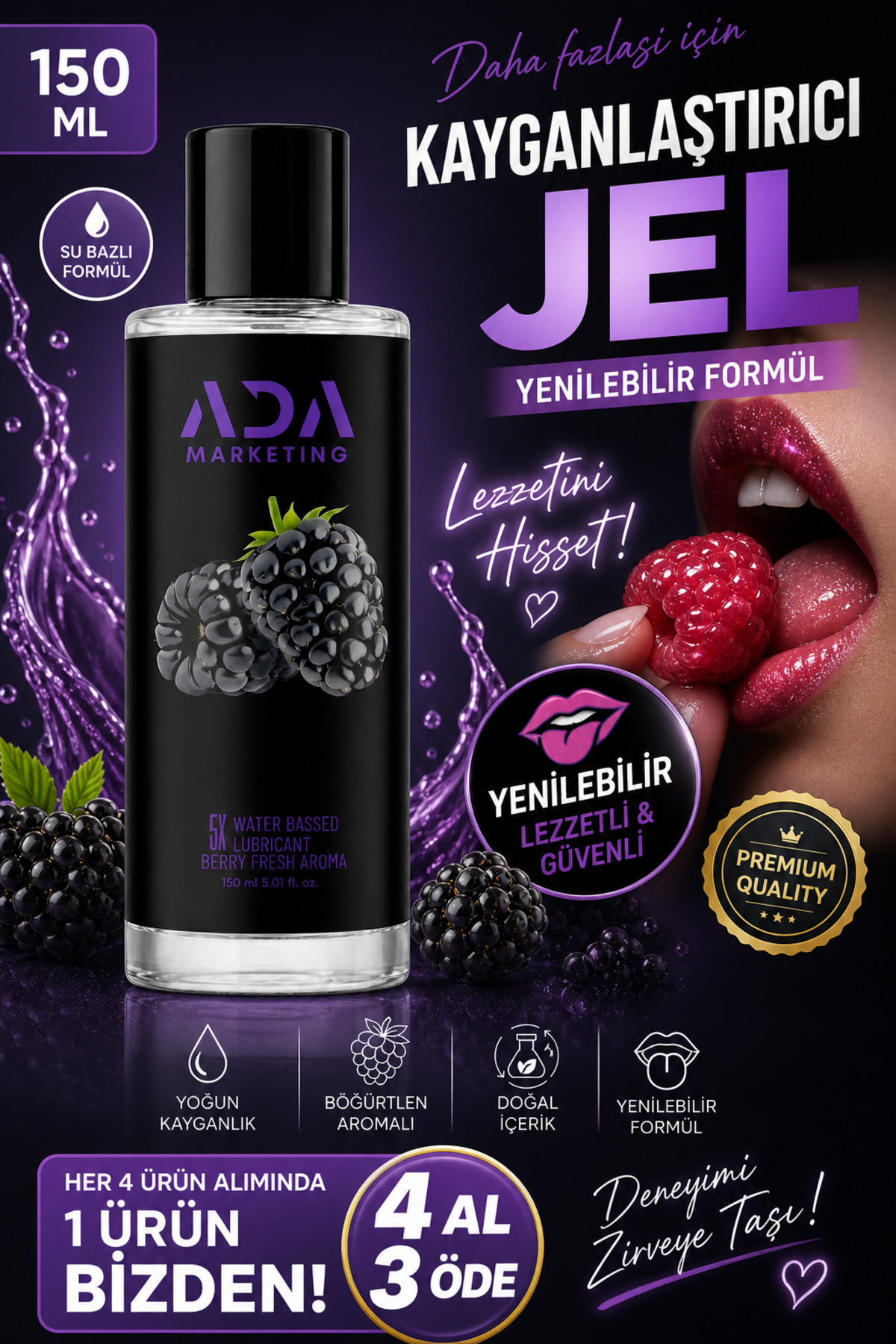 Ada Marketing Yenilebilir Kayganlaştırıcı Jel 150 ml Berry Fresh Aromalı Anal Kullanıma Uygun