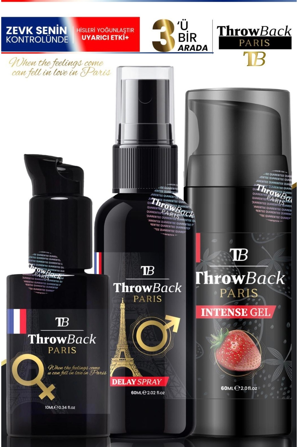 ThrowBack Parıs 3 Lü Set Kadın Jel & Erkek Control Sprey &Kayganlaştırıcı Jel Çilekli 60 ML