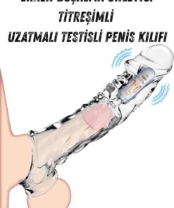Lolita Shop Güçlü Titreşimli 9 Cm Uzatmalı Dolgulu Testisli Şeffaf 22 Cm G Nokta Klitoris Uyarıcılı Penis Kılıfı
