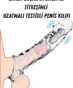 Lolita Shop Güçlü Titreşimli 9 Cm Uzatmalı Dolgulu Testisli Şeffaf 22 Cm G Nokta Klitoris Uyarıcılı Penis Kılıfı
