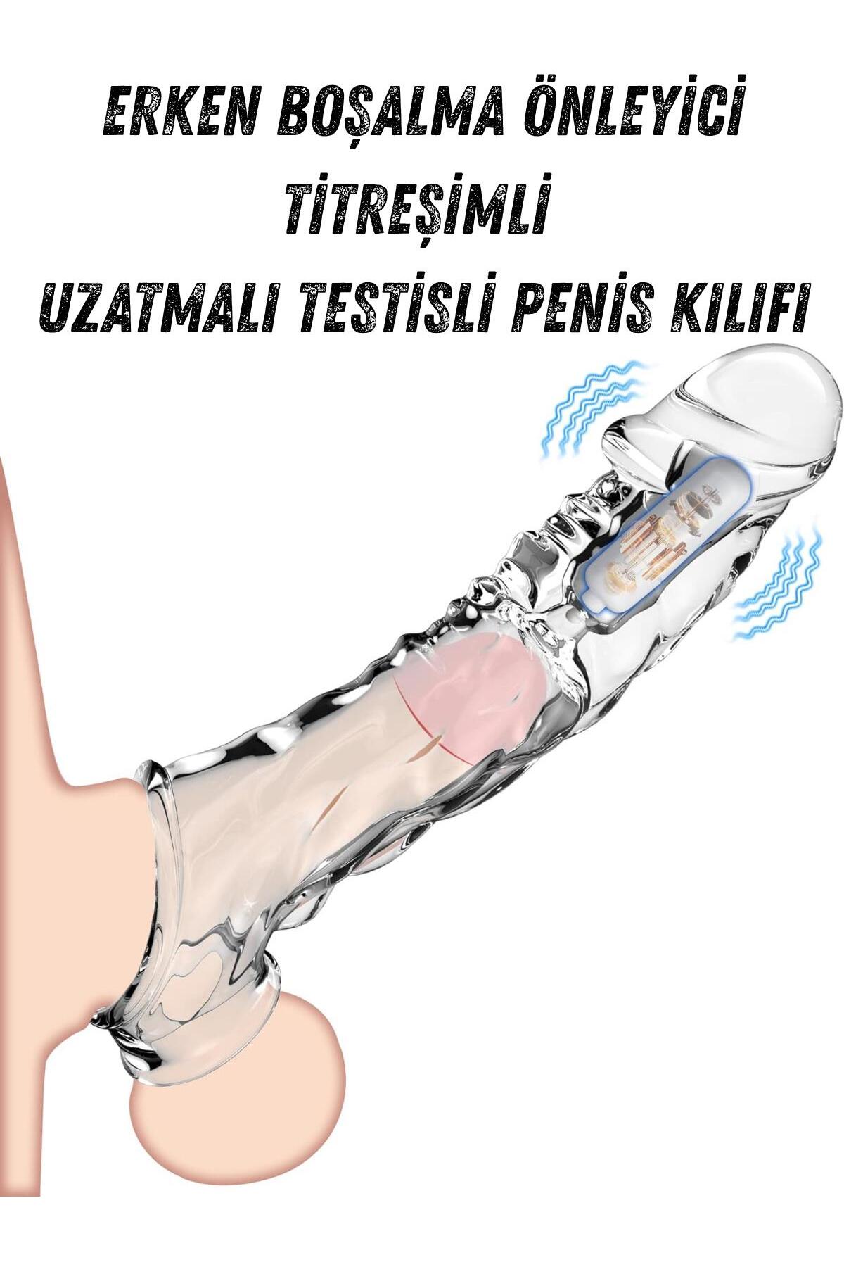 Lolita Shop Güçlü Titreşimli 9 Cm Uzatmalı Dolgulu Testisli Şeffaf 22 Cm G Nokta Klitoris Uyarıcılı Penis Kılıfı