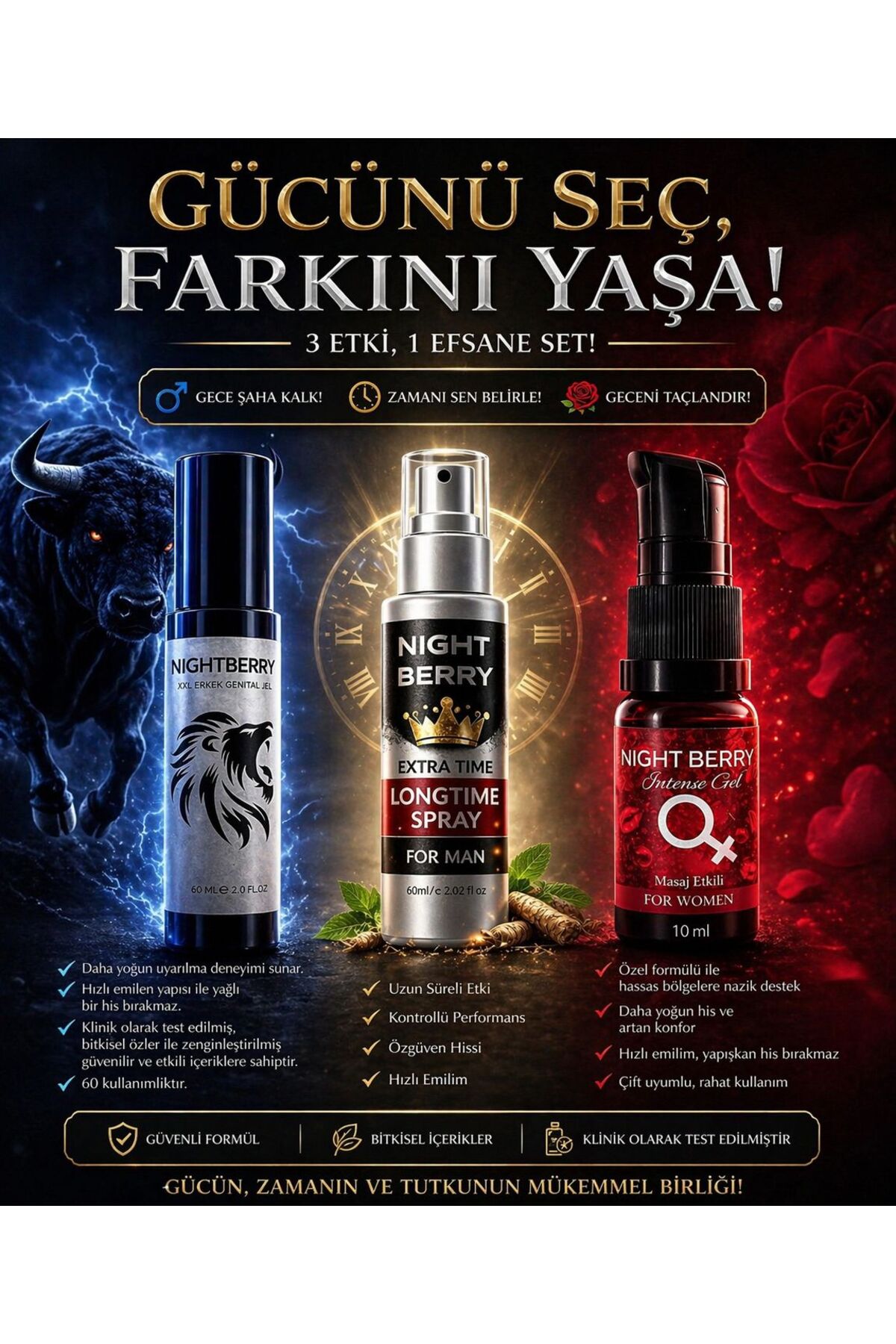 NightBerry 3’lü Set Erkek S’ertleştirici, Bü’yütücü, Ge’ciktirici & Kadın U’yarıcı Jel