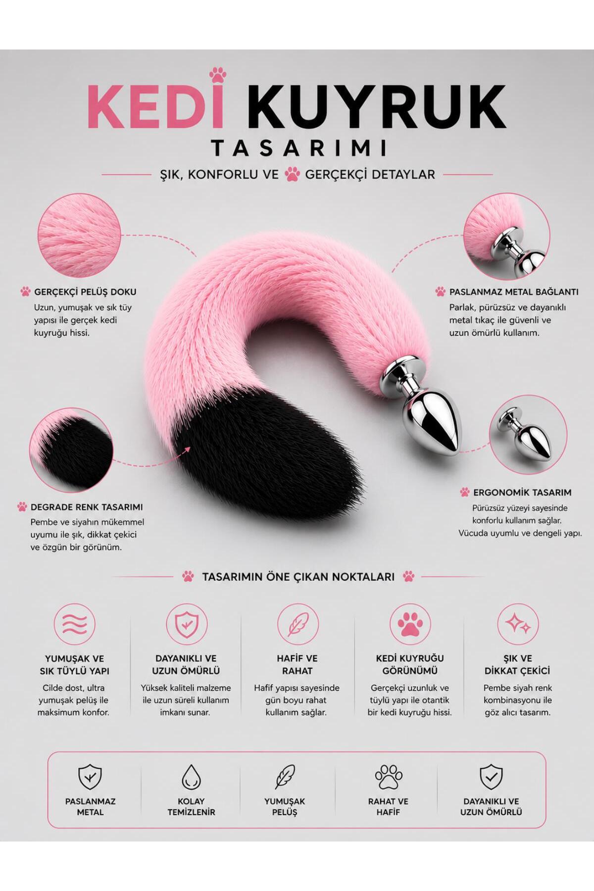 Lolita Shop Tüylü Anal Tıkaç + Kedi Kulaklı Taç Pelüş Anal Plug Kuyruk Tıkaç Pembe Siyah Plug Fantezi Set - Görsel 3