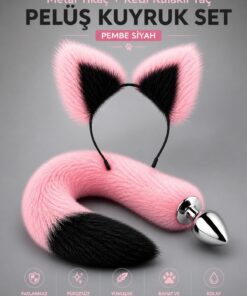 Lolita Shop Tüylü Anal Tıkaç + Kedi Kulaklı Taç Pelüş Anal Plug Kuyruk Tıkaç Pembe Siyah Plug Fantezi Set