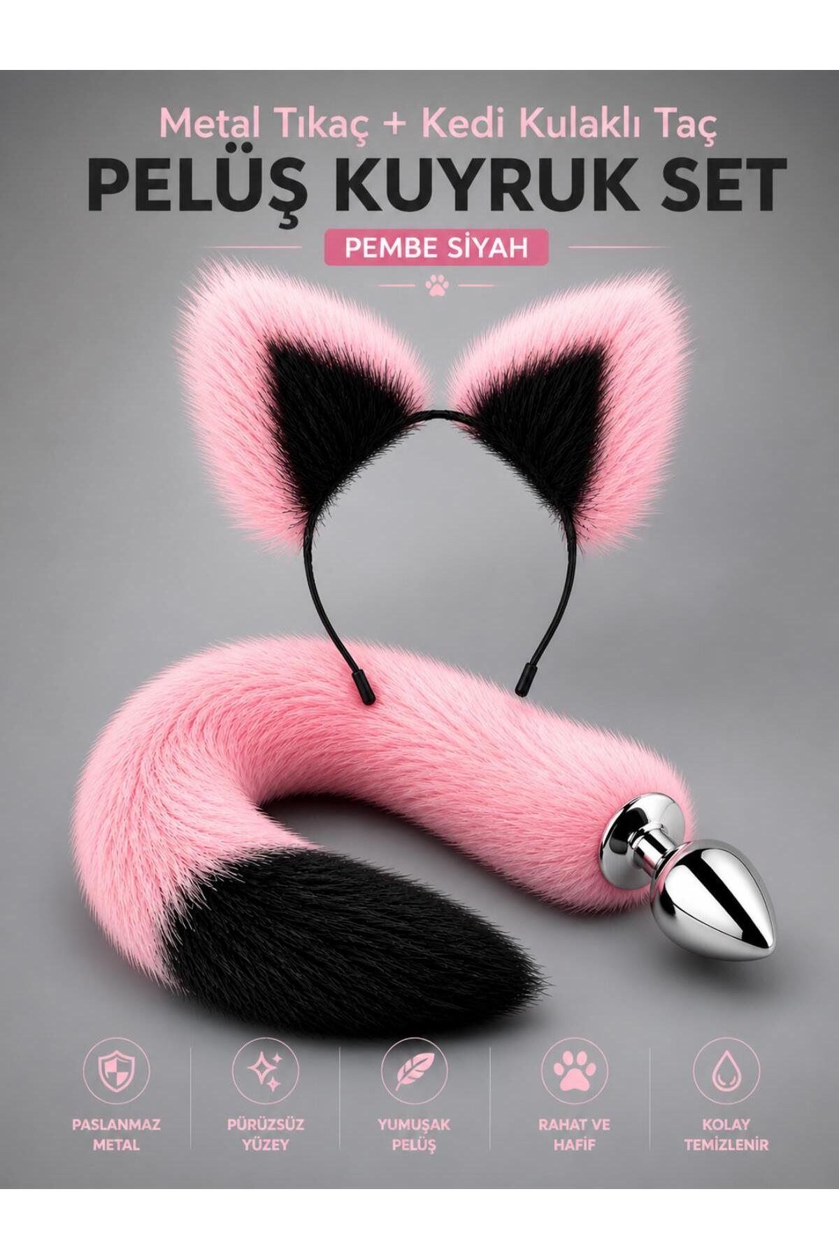 Lolita Shop Tüylü Anal Tıkaç + Kedi Kulaklı Taç Pelüş Anal Plug Kuyruk Tıkaç Pembe Siyah Plug Fantezi Set