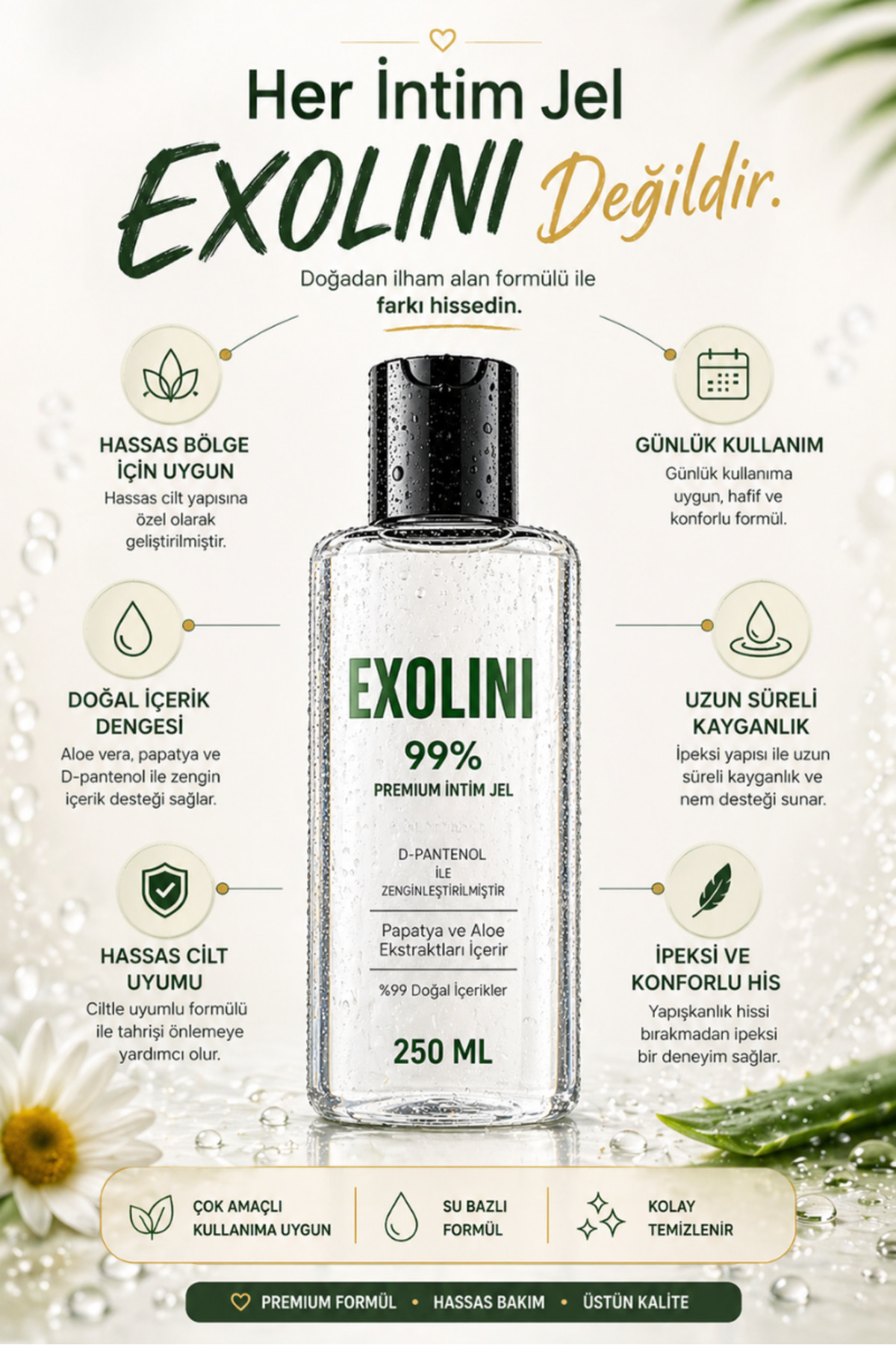 EXOLİNİ Kayganlaştırıcı Jel Su Bazlı 250 ml – Kadınlara Özel, D-Pantenol & Aloe, Oyuncak/Prezervatif Uyumlu - Görsel 3