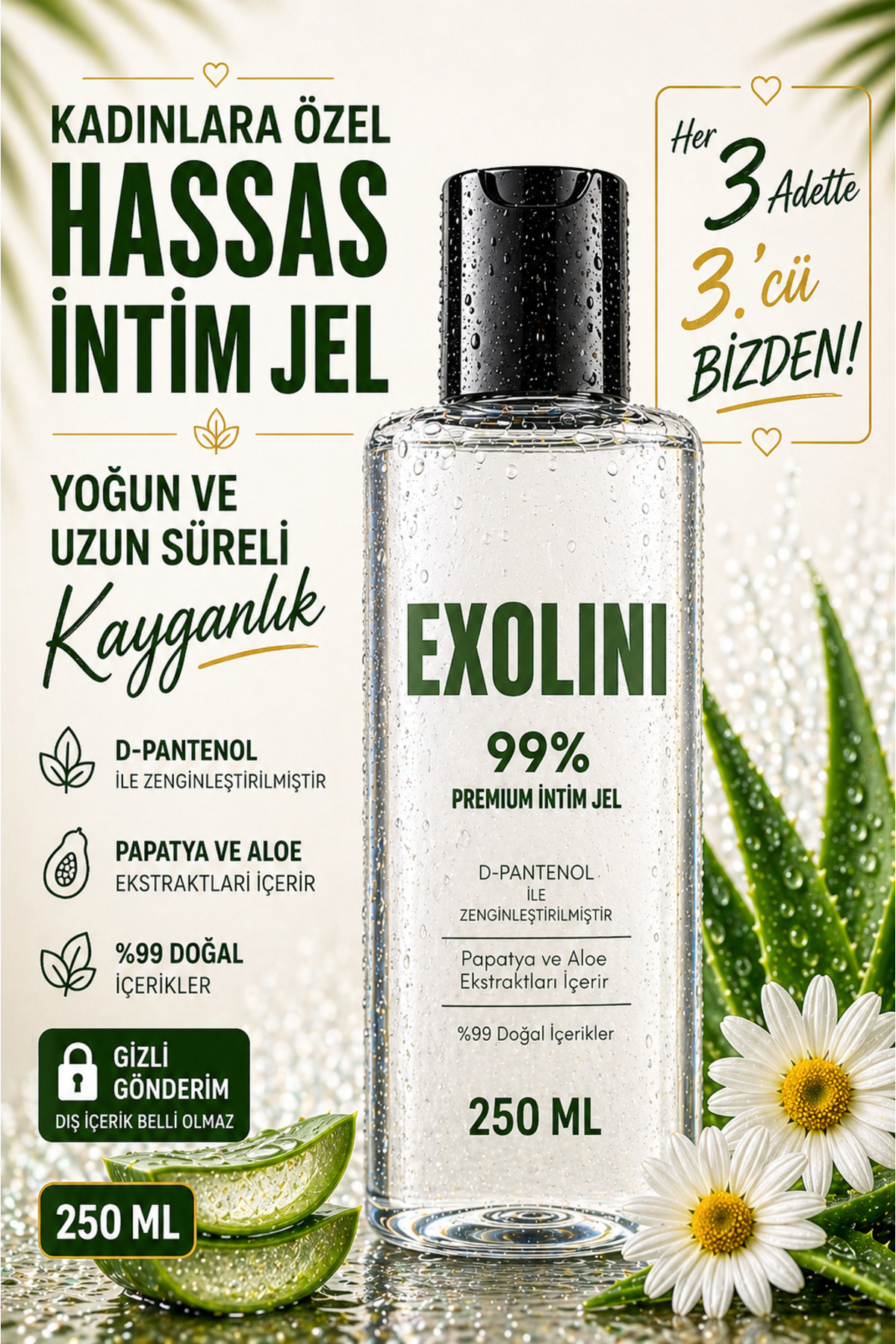 EXOLİNİ Kayganlaştırıcı Jel Su Bazlı 250 ml – Kadınlara Özel, D-Pantenol & Aloe, Oyuncak/Prezervatif Uyumlu