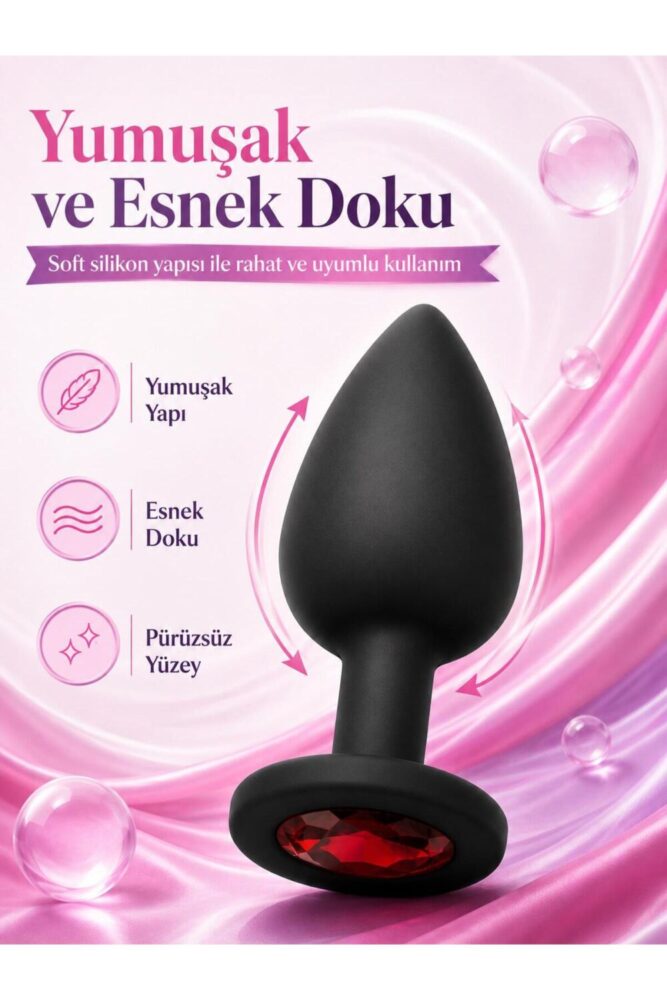 Lolita Shop Soft Siyah Silikon Doku Kırmızı Mücevher Taşlı 7 Cm Anal Açıcı Genişletici Alıştırıcı Plug Ve Tıkaç - Görsel 3
