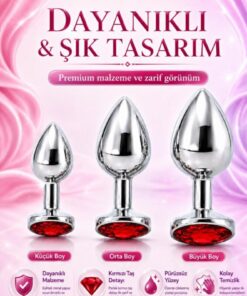 Lolita Shop Gümüş Metal Mücevher Kırmızı Taşlı 3 'lü Anal Alıştırıcı Genişletici Açıcı Anal Plug Tıkaç Seti - Görsel 3