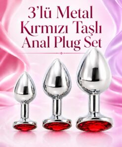 Lolita Shop Gümüş Metal Mücevher Kırmızı Taşlı 3 'lü Anal Alıştırıcı Genişletici Açıcı Anal Plug Tıkaç Seti
