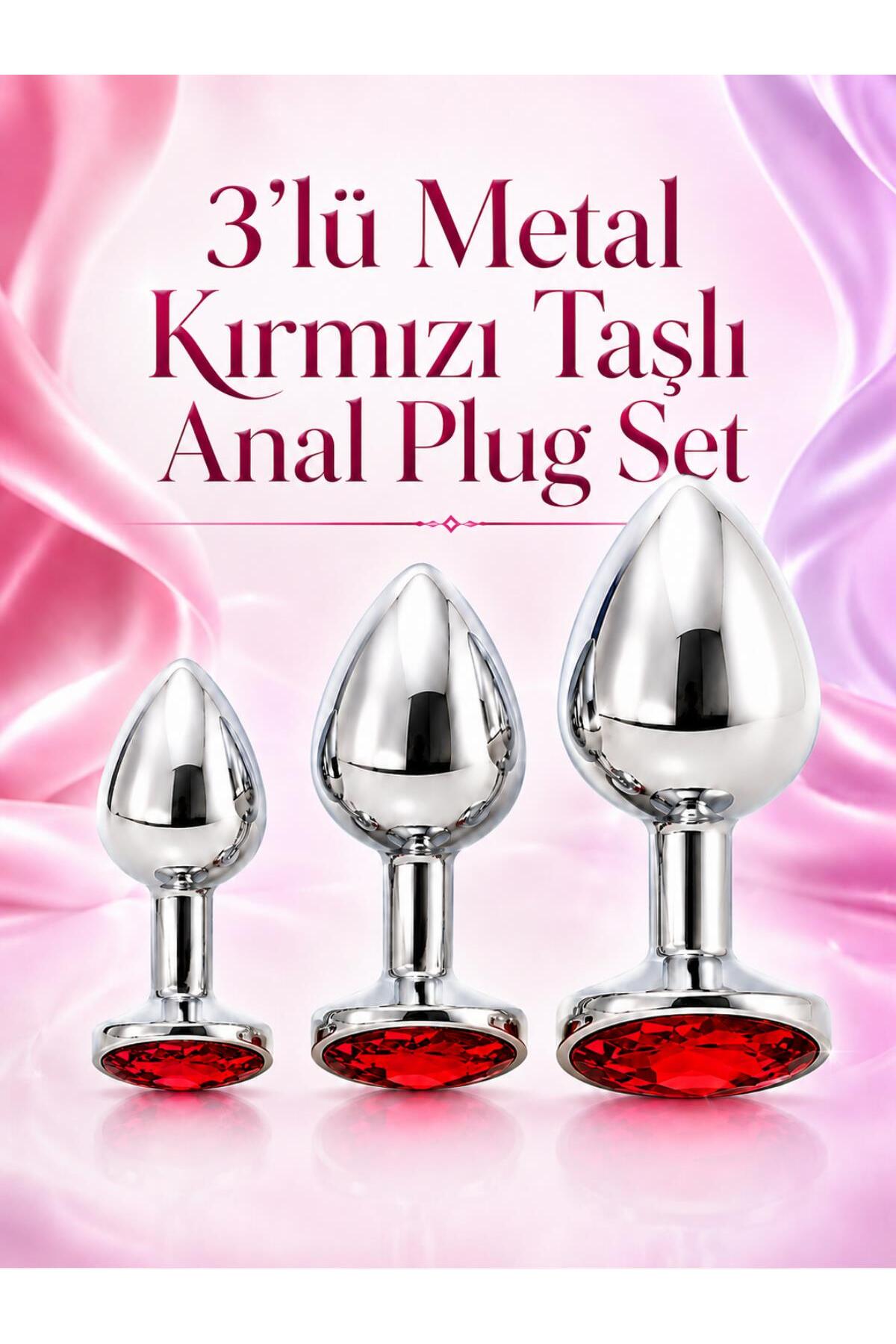 Lolita Shop Gümüş Metal Mücevher Kırmızı Taşlı 3 'lü Anal Alıştırıcı Genişletici Açıcı Anal Plug Tıkaç Seti