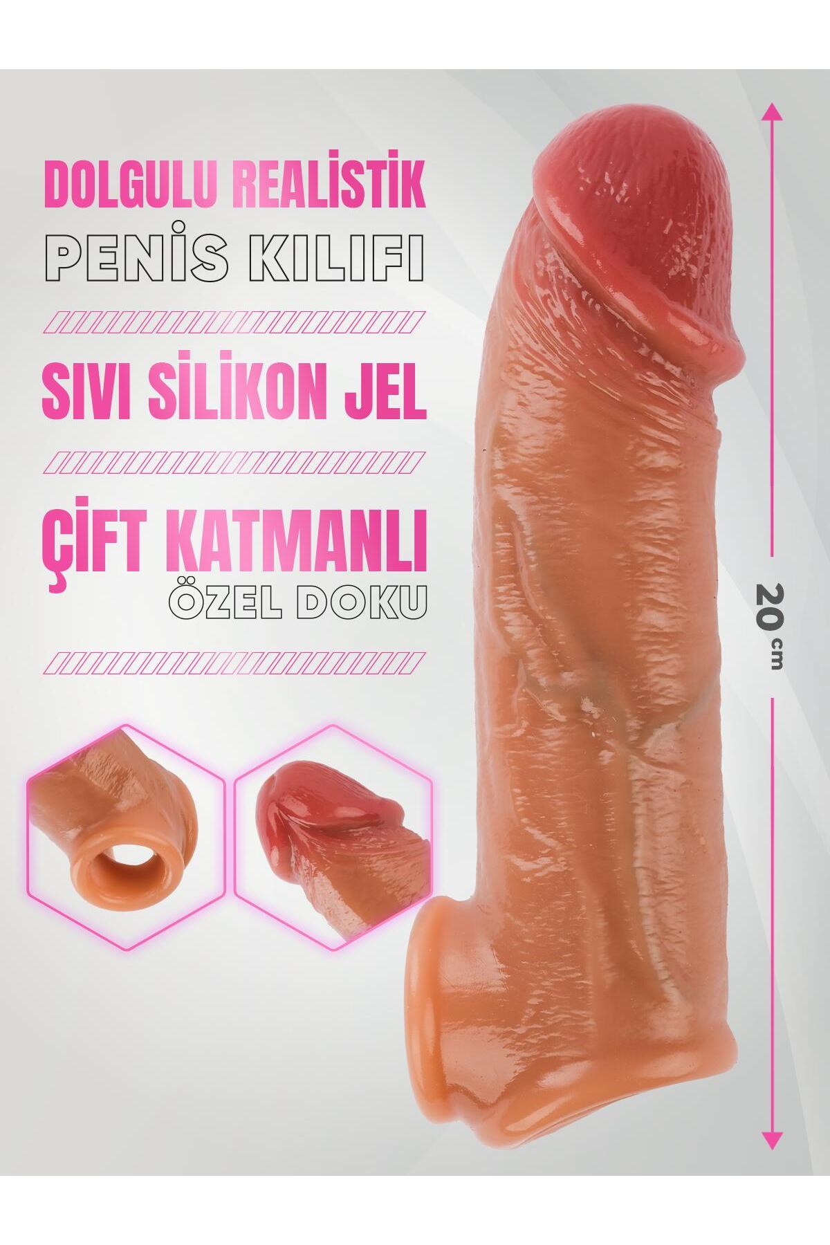 Lolita Shop Çift Katmanlı 19.5 Cm Testise Geçirmeli Dolgulu 4 Cm Uzatmalı Sıvı Silikon Realistik Penis Kılıfı