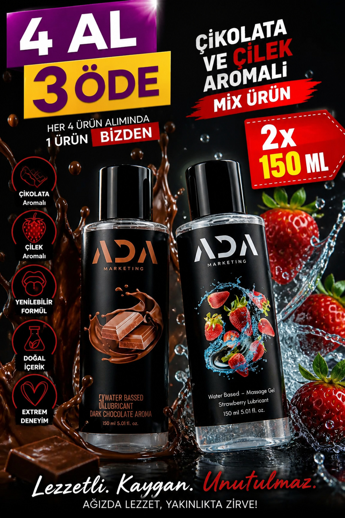 Ada Marketing Yenilebilir Kayganlaştırıcı Jel 150 ml Çilek Çikolata Aromalı 2li Set Anal Uyumlu