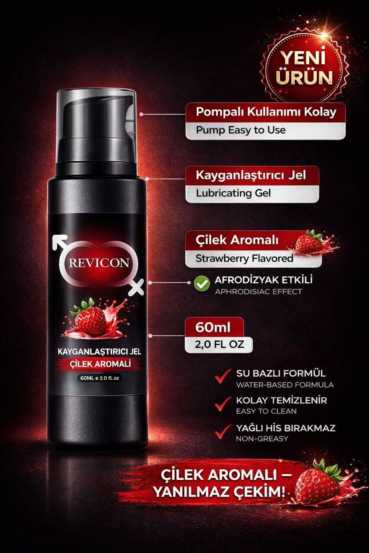 REVICON Su Bazlı Çilek Aromalı Kayganlaştırıcı Ultra Lüks Masaj Jeli 60 ml