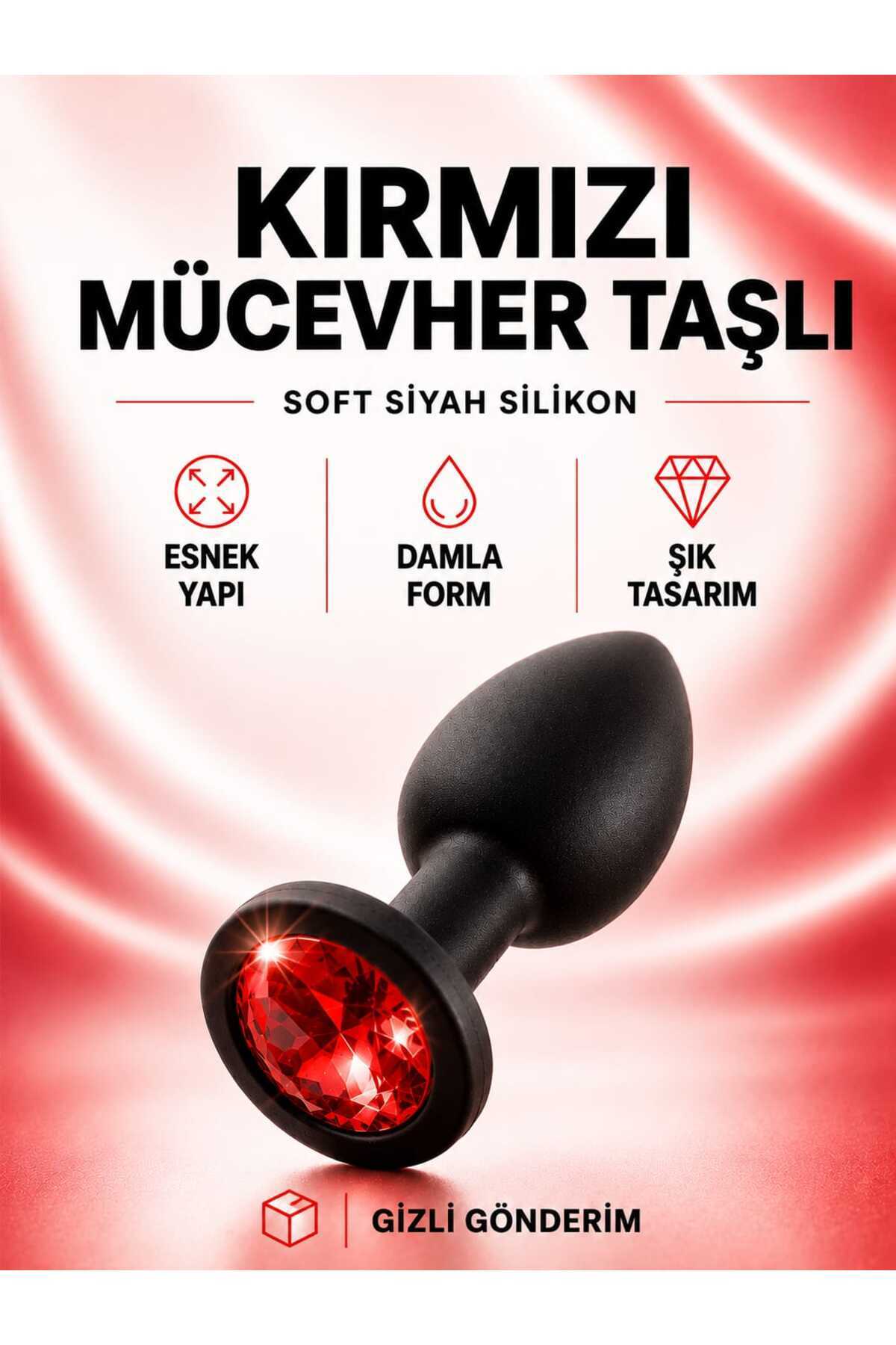 ADLUS Kırmızı Mücevher Taşlı Soft Siyah Silikon Plug 7 cm
