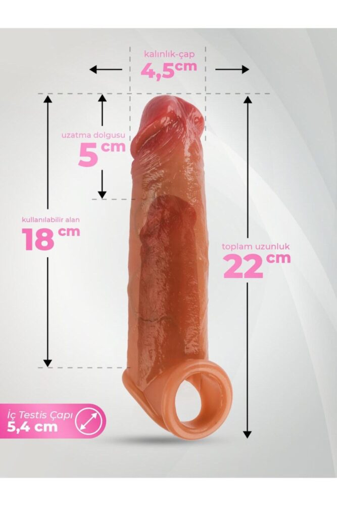 Lolita Shop Çift Katmanlı Soft Sıvı Silikon 22 Cm Testise Geçirmeli Dolgulu 5 Cm Uzatmalı Realistik Penis Kılıfı - Görsel 3