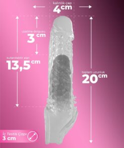 Lolita Shop Uzatmalı Klitoris Uyarıcılı Tırtıklı 3 Cm Dolgulu Şeffaf Silikon 20 Cm Testis Tutacaklı Penis Kılıfı - Görsel 3