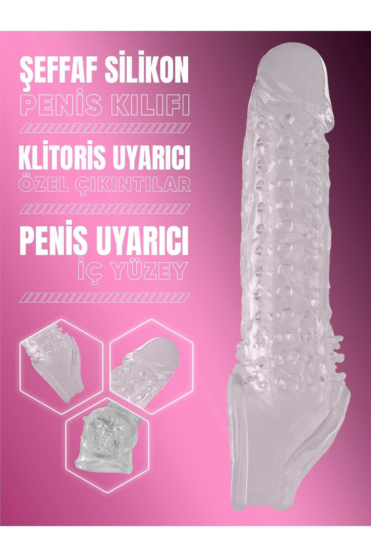 Lolita Shop Uzatmalı Klitoris Uyarıcılı Tırtıklı 3 Cm Dolgulu Şeffaf Silikon 20 Cm Testis Tutacaklı Penis Kılıfı